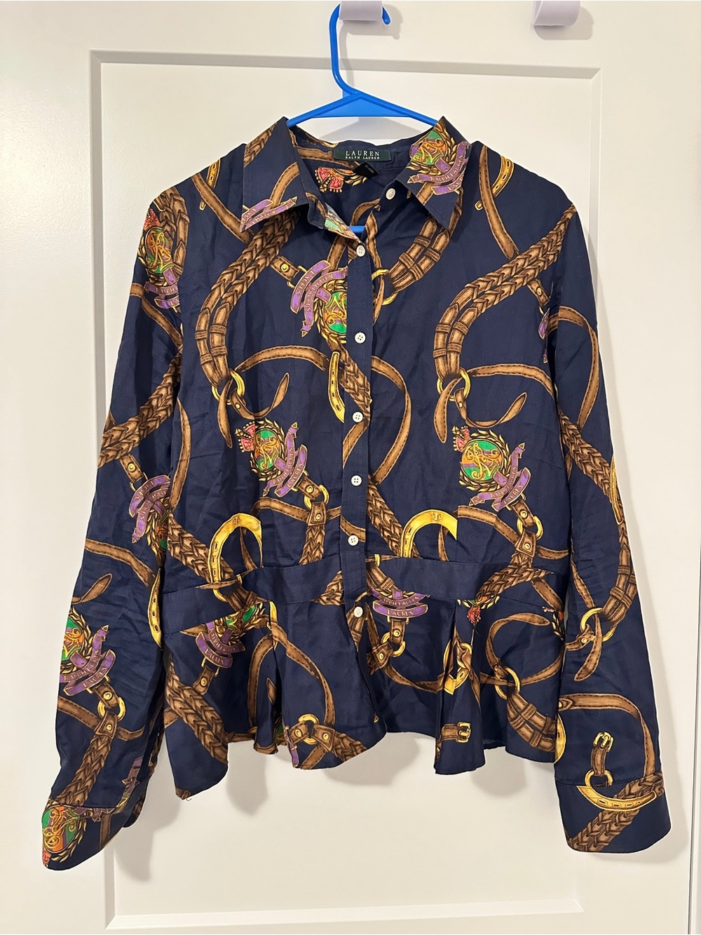 Lauren Ralph Lauren Equestrian Horse Print Peplum Blouse Size 14 Women’s